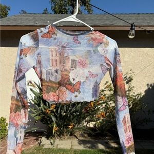 Floral and Butterfly Print Long Sleeve Crop Top